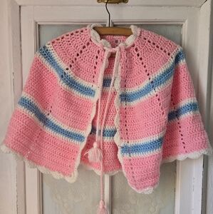 Handmade Pink Crochet Capelet Cardigan Pastel Stripe